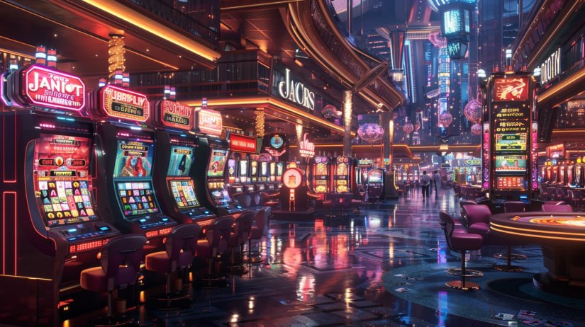 Ilustrasi mesin slot online berwarna-warni di hobispin dengan antarmuka menarik